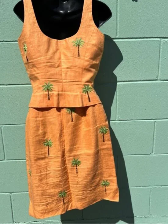 Jade by Melody Tam 100% Linen Embroidered Palm Tree Two Piece Set Size 4 - Picture 5 of 7